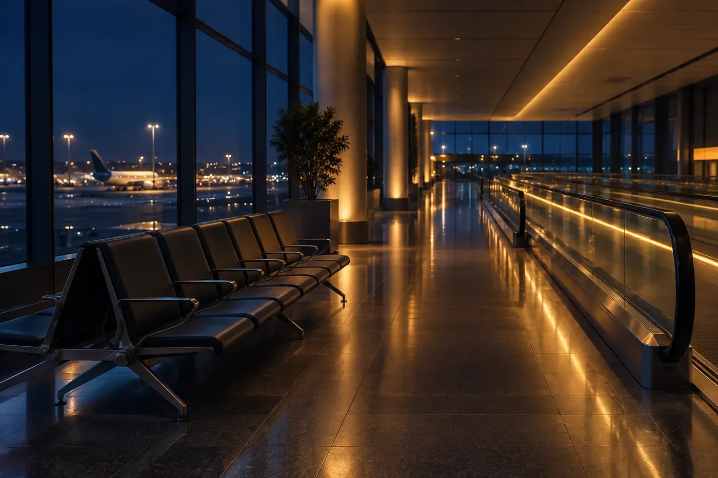 Illustration: a quiet airport seating bay with a departure board and a traveller's cabin bag