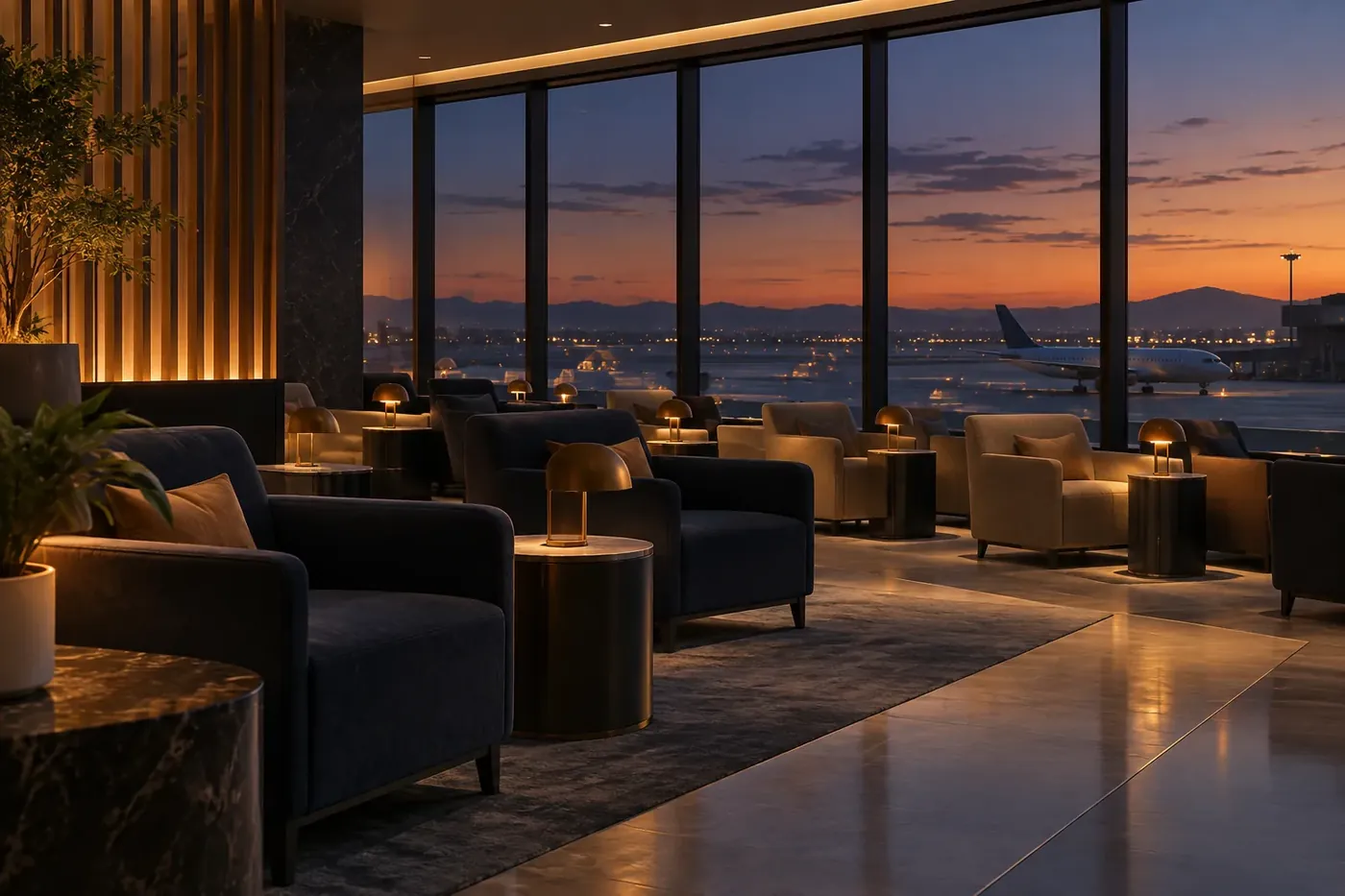 Illustration: an airport lounge seating area with low tables and floor-to-ceiling windows