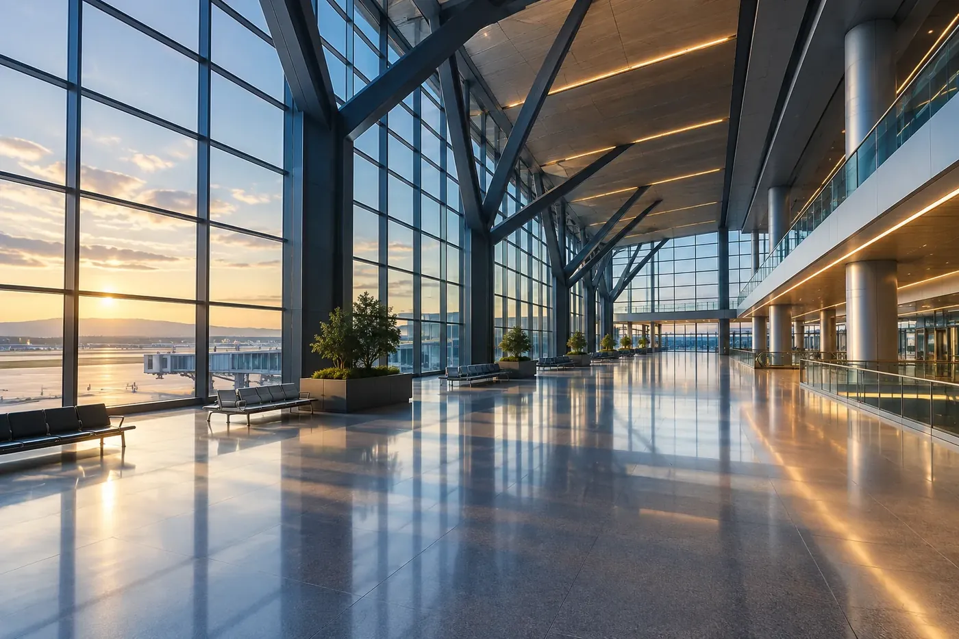 Illustration: an airport departures hall at first light, seen from the concourse floor