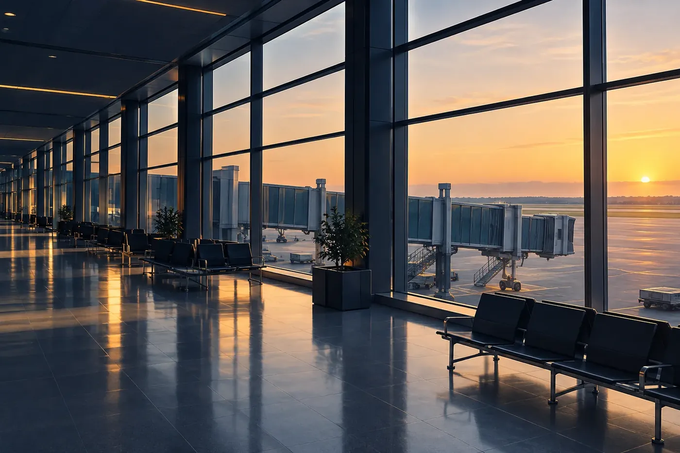 Illustration: a glass-walled airport concourse with gate signage and a moving walkway