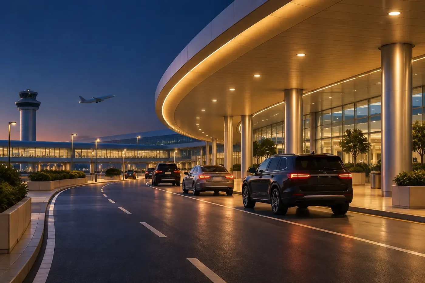 Illustration: a kerbside airport pickup lane with a bus and a taxi rank