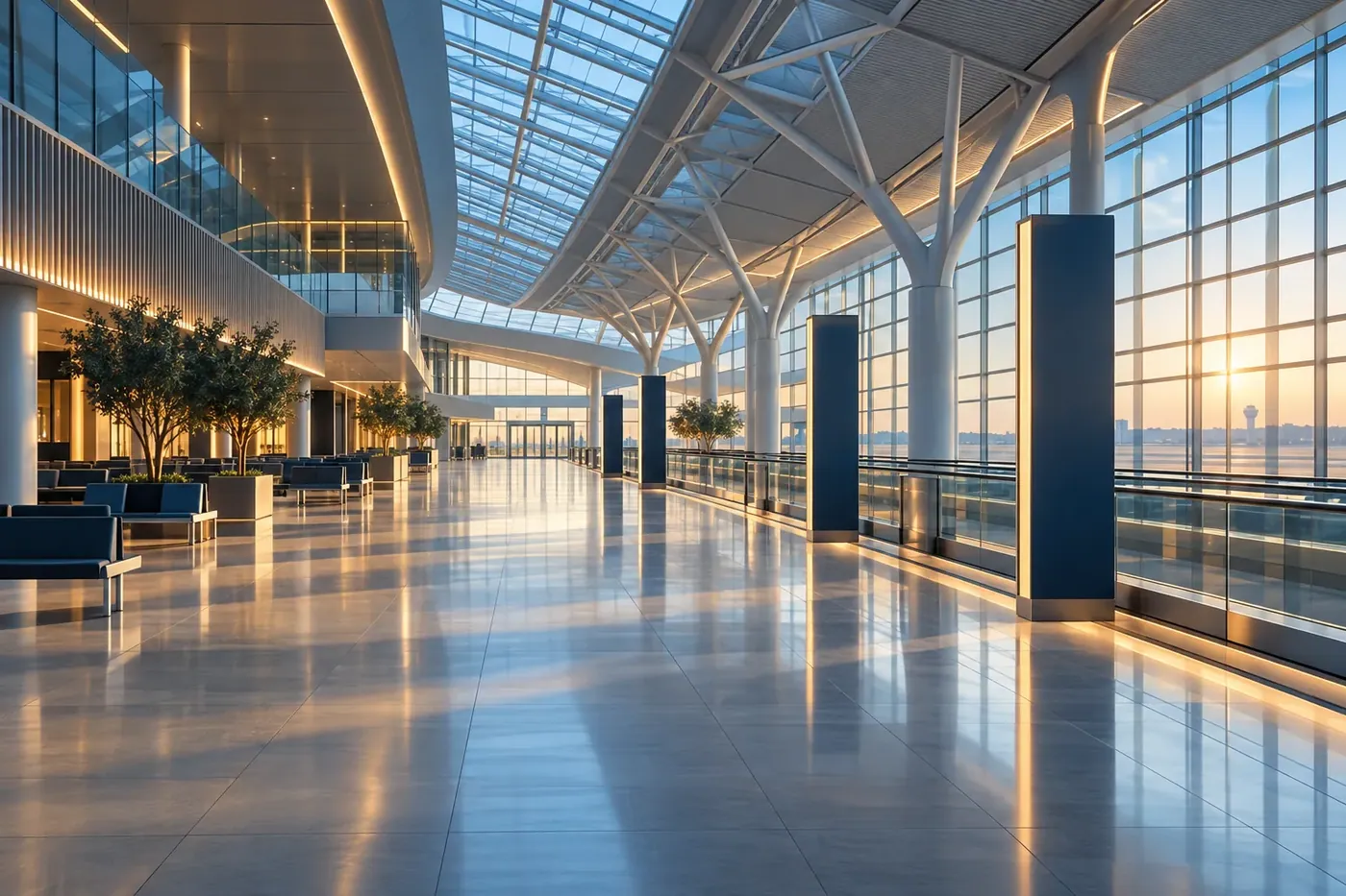 Illustration: an empty modern airport concourse with a vaulted glass ceiling, gate seating and a departure board area, seen from the walkway