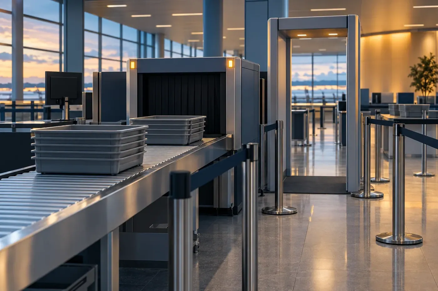 Illustration: an airport security checkpoint with empty screening trays on a belt, a walk-through scanner and a queuing lane divider